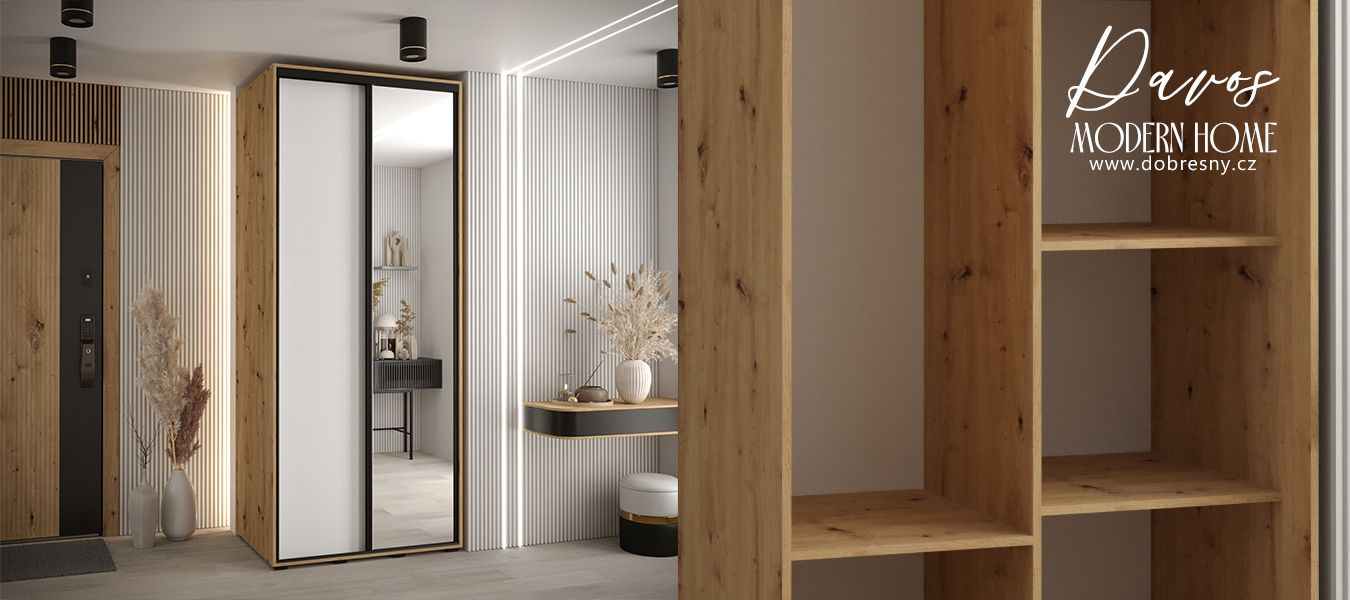 Šatní skříň s posuvnými dveřmi a zrcadlem DAVOS 120cm | DUB Artisan / bílá / černé pojezdy