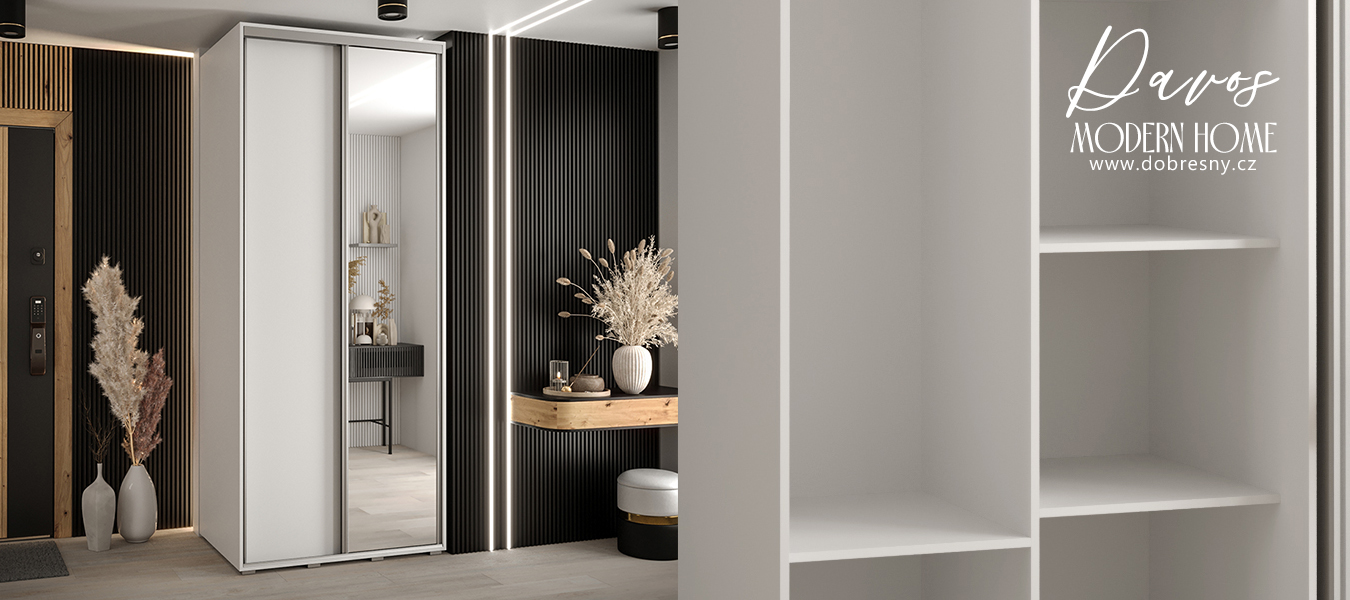 Šatní skříň s posuvnými dveřmi a zrcadlem DAVOS 120 cm | Bílá / stříbrné pojezdy