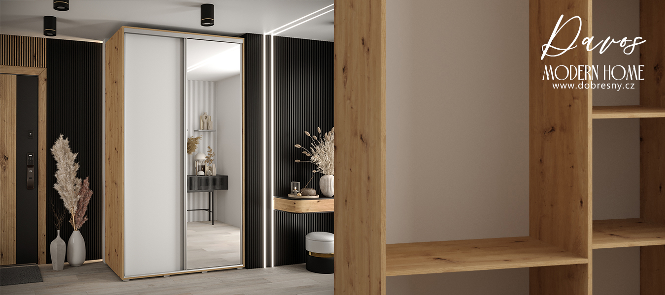 Šatní skříň s posuvnými dveřmi a zrcadlem DAVOS 140cm | DUB Artisan / bílá / stříbrné