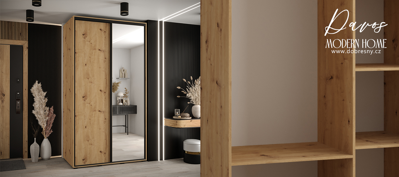 Šatní skříň s posuvnými dveřmi a zrcadlem DAVOS 140cm | DUB Artisan / černé pojezdy