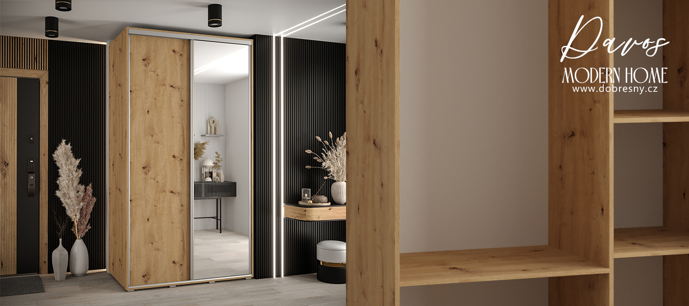 Šatní skříň s posuvnými dveřmi a zrcadlem DAVOS 140cm | DUB Artisan / stříbrné pojezdy