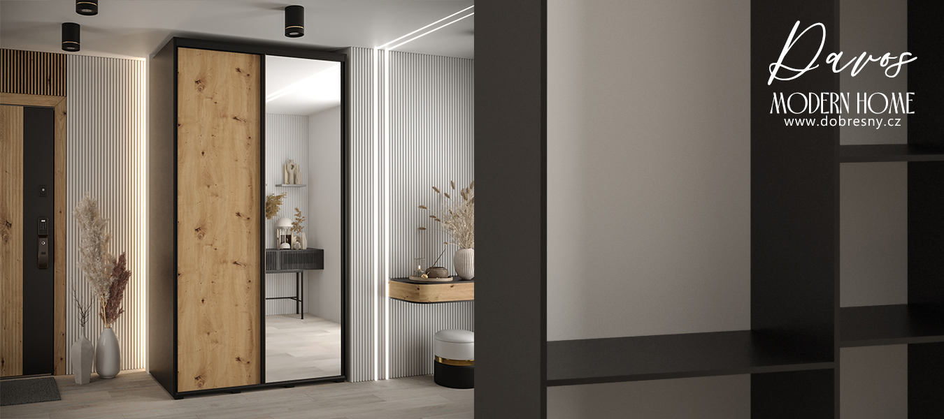 Šatní skříň s posuvnými dveřmi a zrcadlem DAVOS 140cm | Černá / DUB Artisan / černé