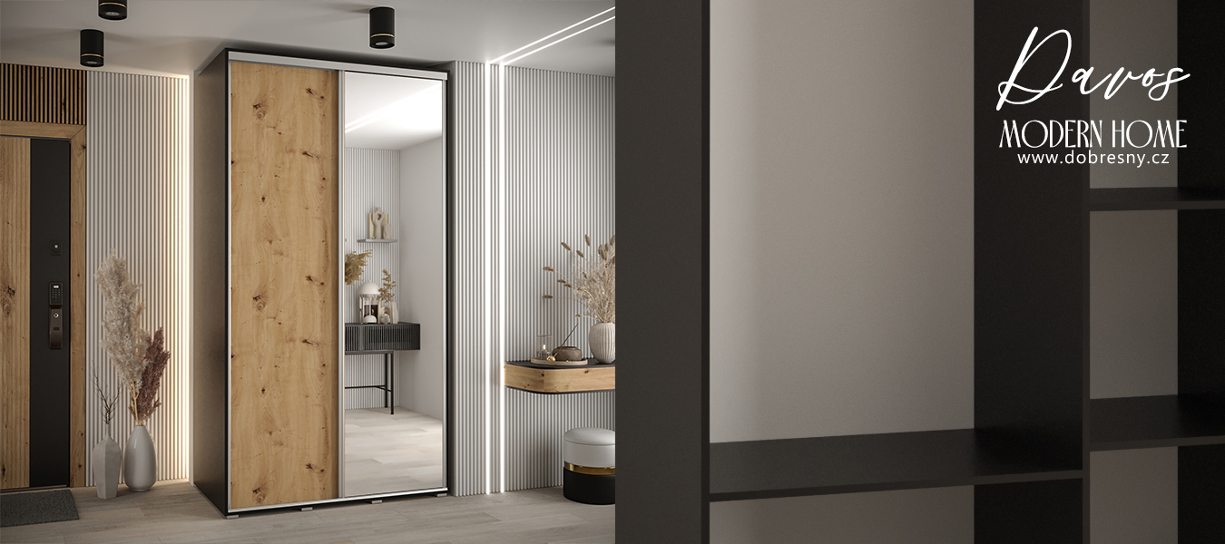 Šatní skříň s posuvnými dveřmi a zrcadlem DAVOS 140cm | Černá / DUB Artisan / stříbrné