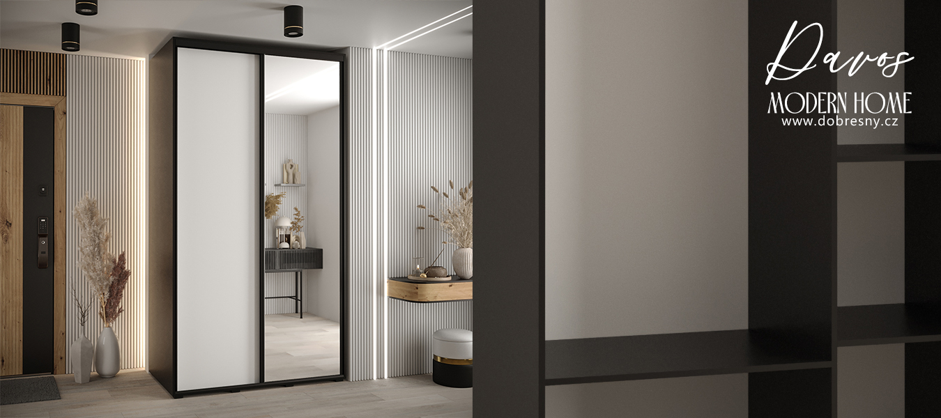Šatní skříň s posuvnými dveřmi a zrcadlem DAVOS 140cm | Černá / bílá / černé pojezdy