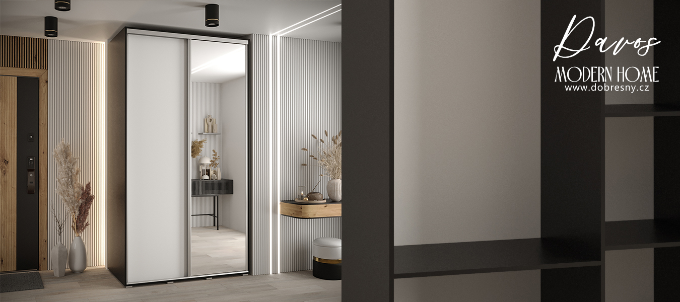 Šatní skříň s posuvnými dveřmi a zrcadlem DAVOS 140cm | Černá / bílá / stříbrné pojezdy