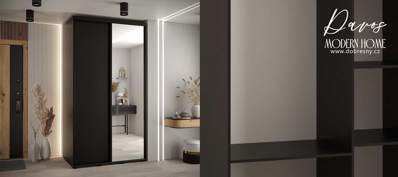 Šatní skříň s posuvnými dveřmi a zrcadlem DAVOS 140cm | Černá / černé pojezdy