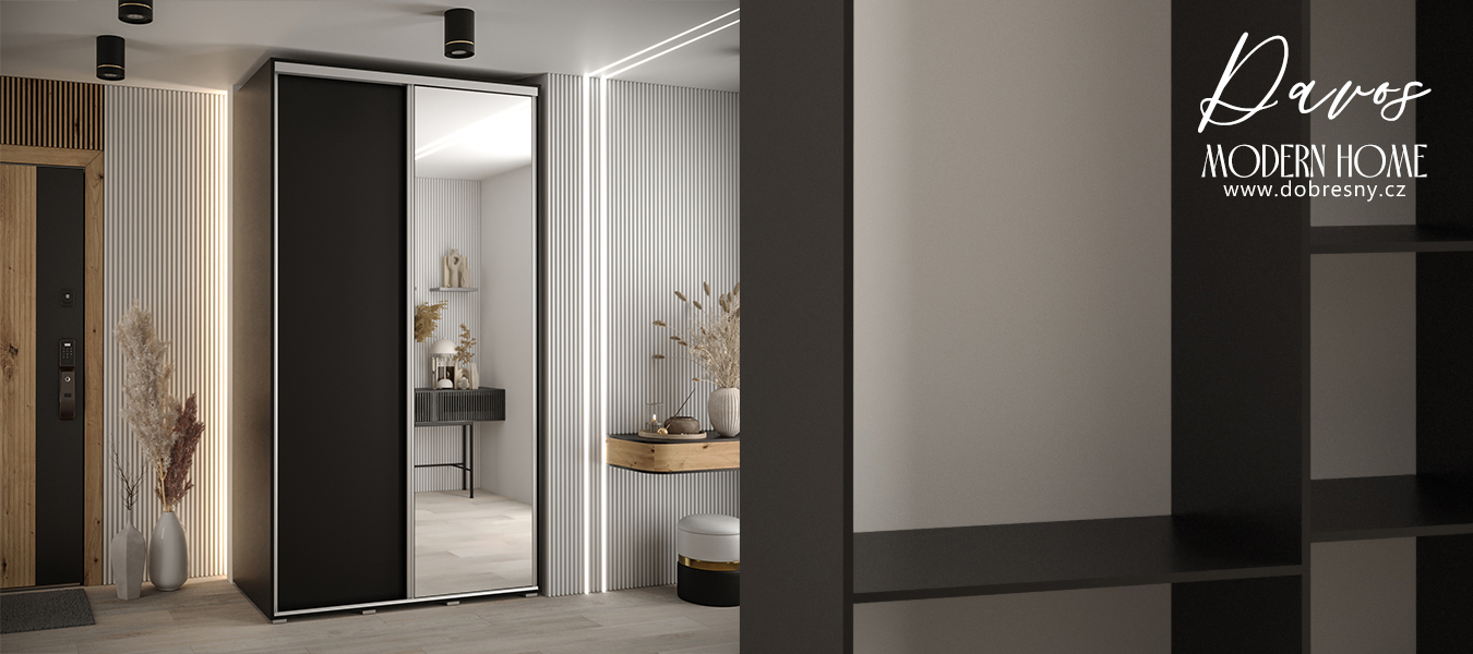 Šatní skříň s posuvnými dveřmi a zrcadlem DAVOS 140cm | Černá / stříbrné pojezdy