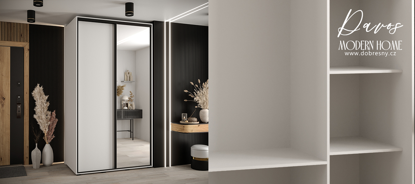 Šatní skříň s posuvnými dveřmi a zrcadlem DAVOS 140 cm | Bílá / černé pojezdy