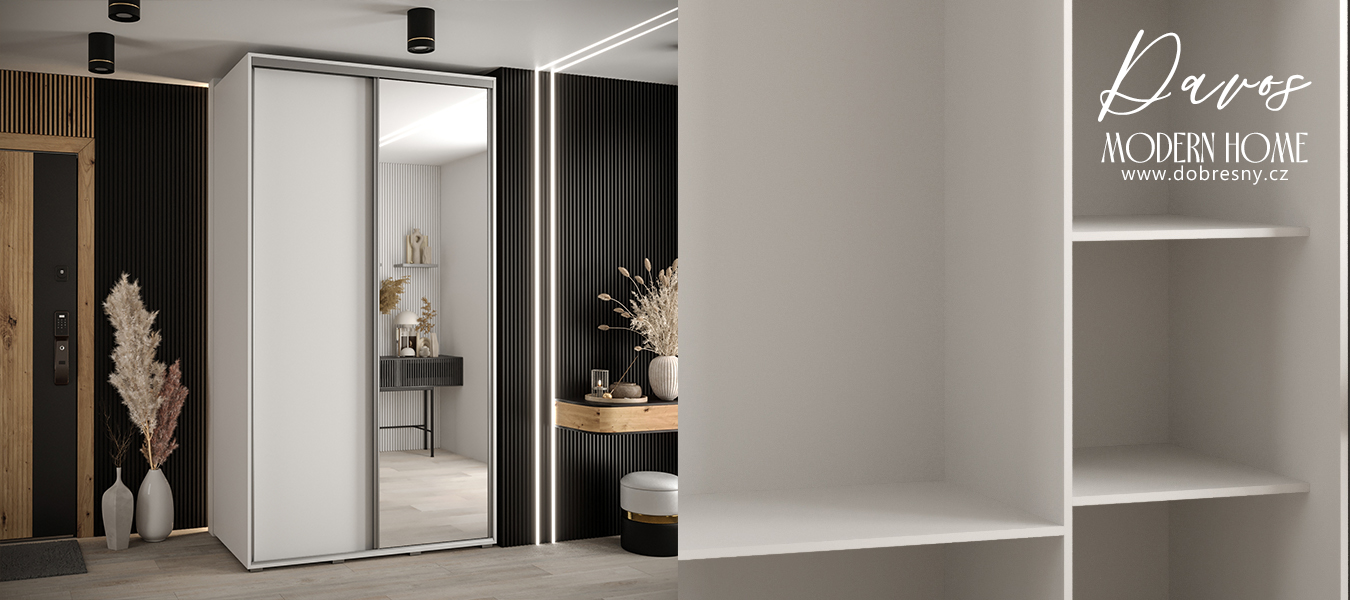 Šatní skříň s posuvnými dveřmi a zrcadlem DAVOS 140 cm | Bílá / stříbrné pojezdy