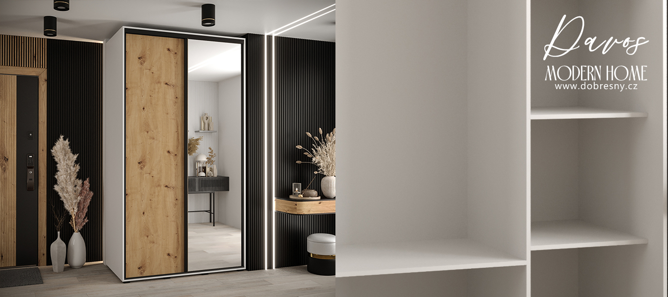 Šatní skříň s posuvnými dveřmi a zrcadlem DAVOS 140cm | Bílá / DUB Artisan / černé pojezdy