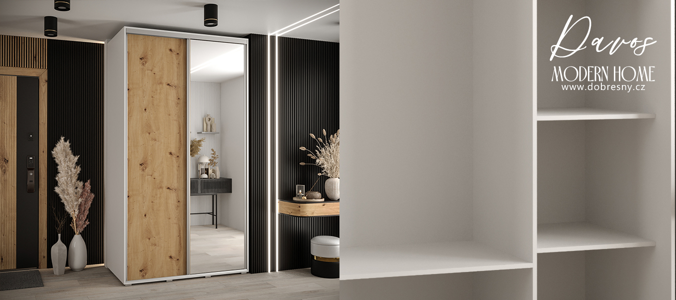 Šatní skříň s posuvnými dveřmi a zrcadlem DAVOS 140cm | Bílá / DUB Artisan / stříbrné