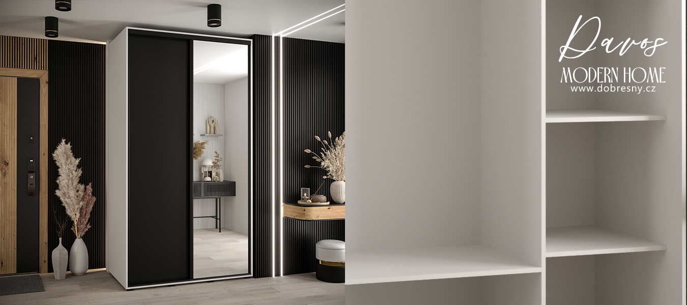 Šatní skříň s posuvnými dveřmi a zrcadlem DAVOS 140cm | Bílá / černá / černé pojezdy