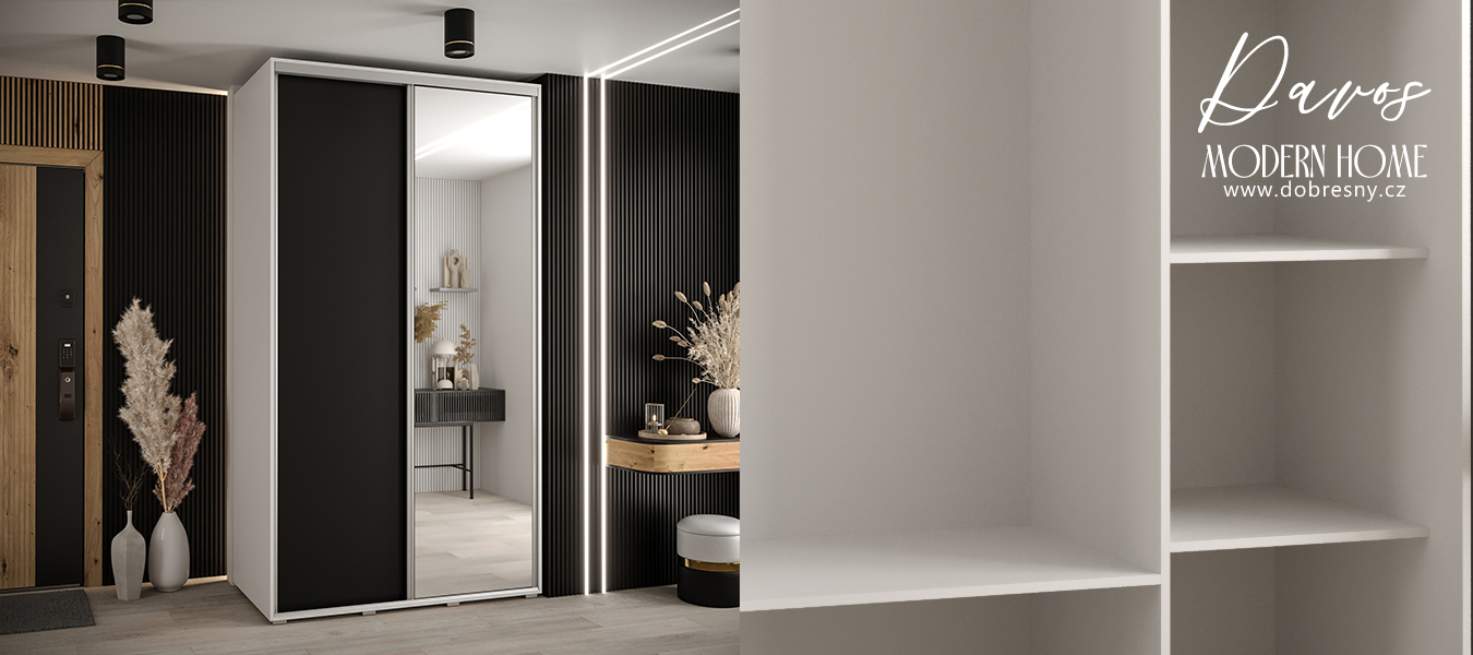 Šatní skříň s posuvnými dveřmi a zrcadlem DAVOS 140cm | Bílá / černá / stříbrné pojezdy