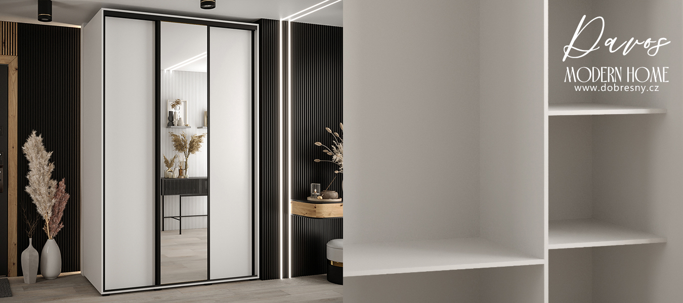 Šatní skříň s posuvnými dveřmi a zrcadlem DAVOS 150cm | Bílá / černé pojezdy