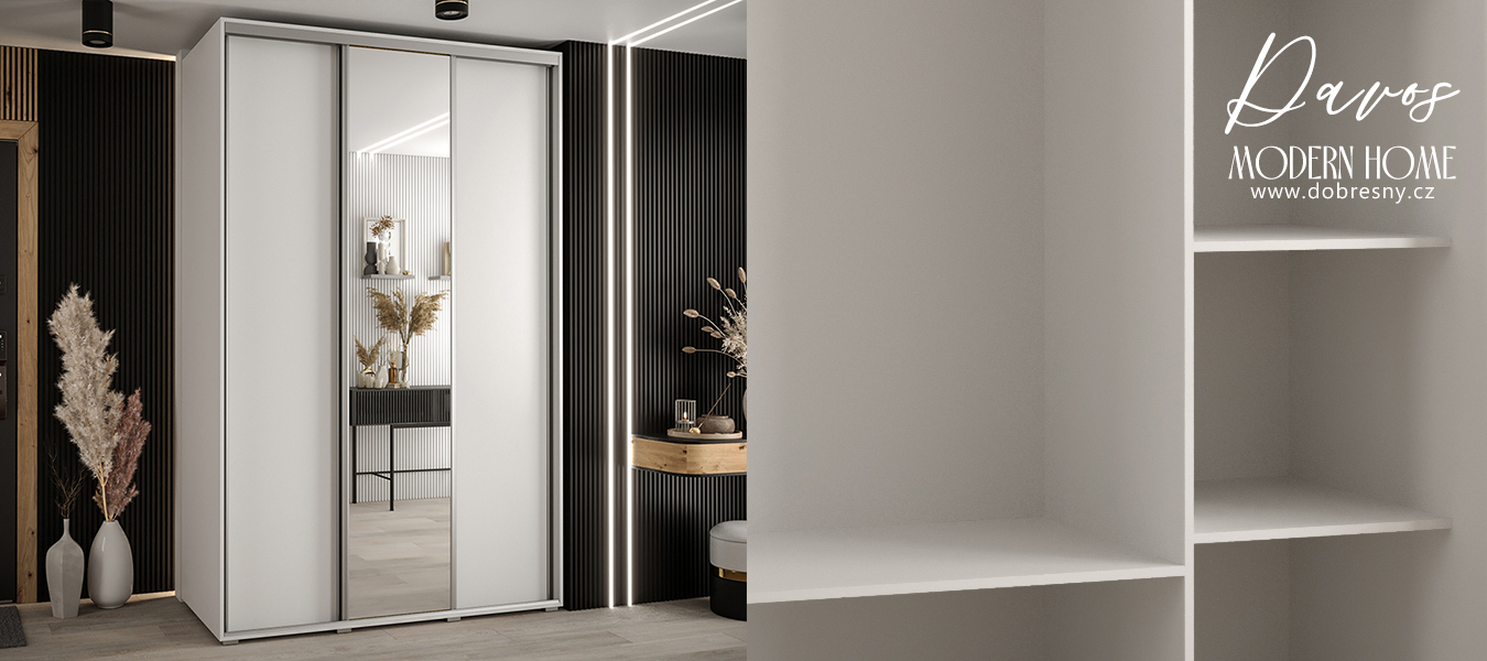 Šatní skříň s posuvnými dveřmi a zrcadlem DAVOS 150cm | Bílá / stříbrné pojezdy