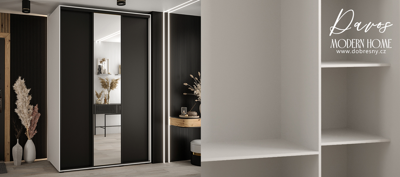 Šatní skříň s posuvnými dveřmi a zrcadlem DAVOS 150cm | Bílá / černá / černé pojezdy