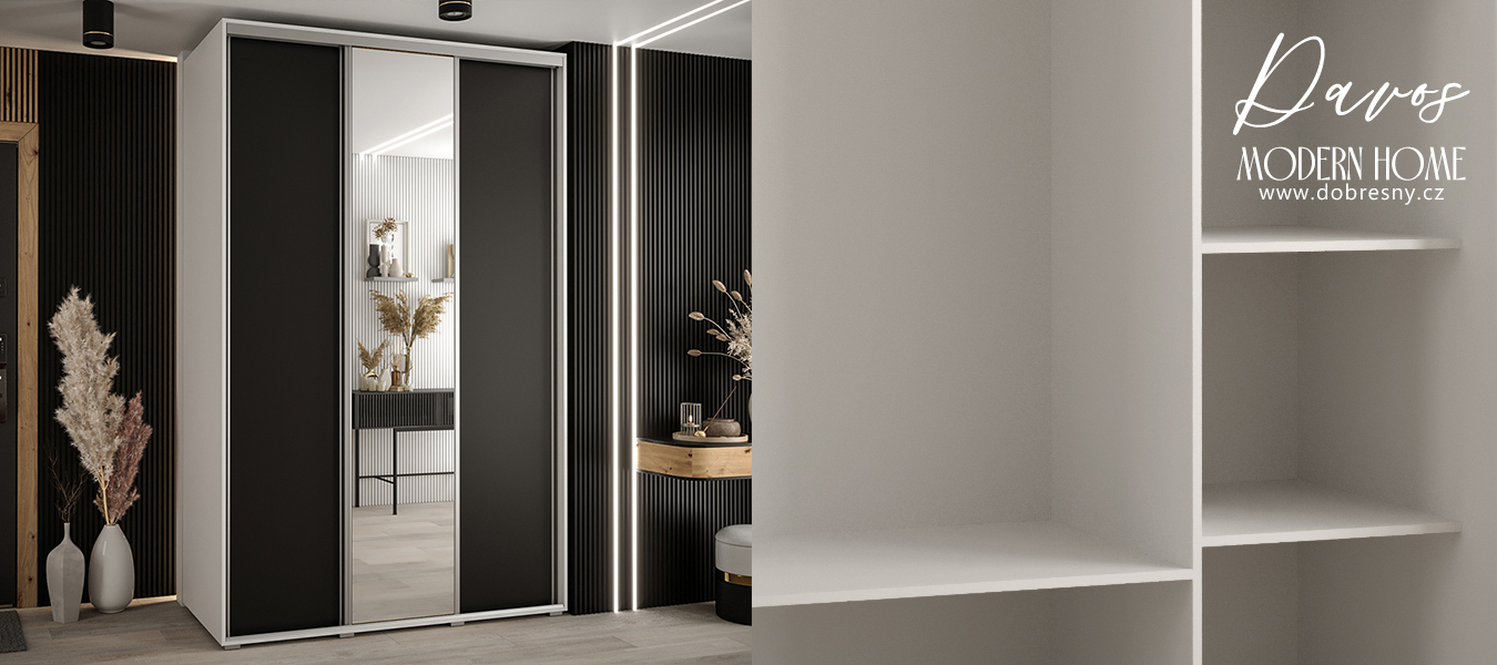 Šatní skříň s posuvnými dveřmi a zrcadlem DAVOS 150cm | Bílá / černá / stříbrné pojezdy