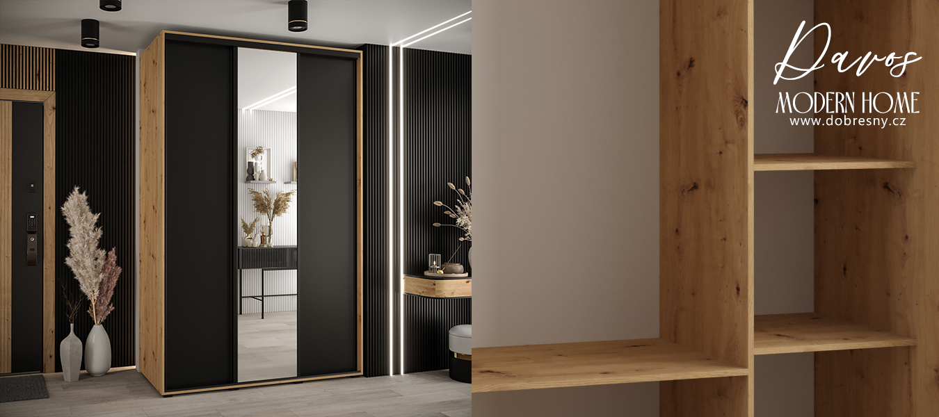 Šatní skříň s posuvnými dveřmi a zrcadlem DAVOS 150cm |DUB Artisan / černá / černé pojezdy
