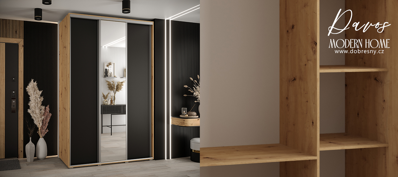 Šatní skříň s posuvnými dveřmi a zrcadlem DAVOS 150cm | DUB Artisan / černá / stříbrné