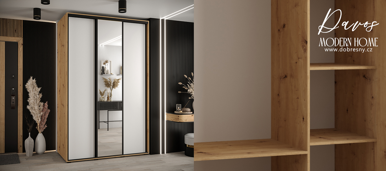 Šatní skříň s posuvnými dveřmi a zrcadlem DAVOS 150cm | DUB Artisan / bílá / černé pojezdy