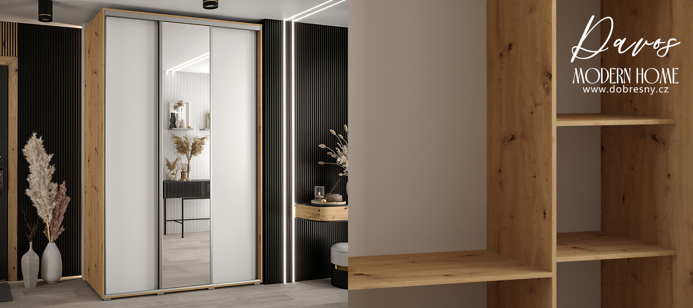 Šatní skříň s posuvnými dveřmi a zrcadlem DAVOS 150cm | DUB Artisan / bílá / stříbrné