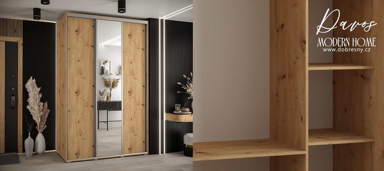Šatní skříň s posuvnými dveřmi a zrcadlem DAVOS 150cm | DUB Artisan / stříbrné pojezdy