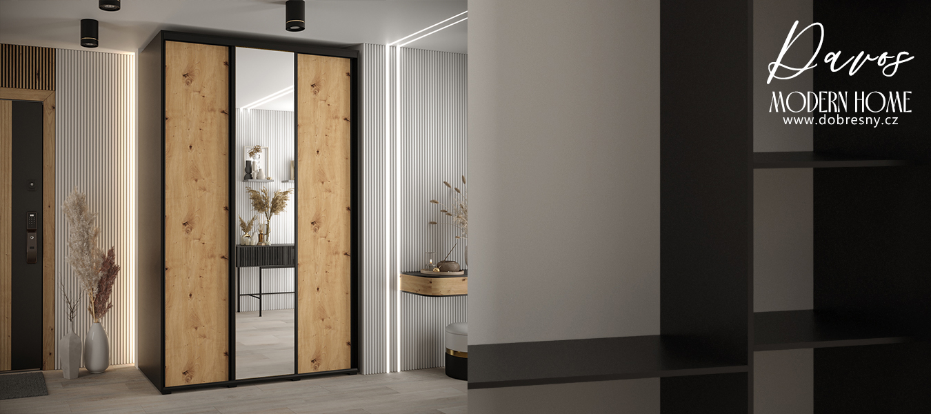 Šatní skříň s posuvnými dveřmi a zrcadlem DAVOS 150cm | Černá / DUB Artisan / černé pojezd