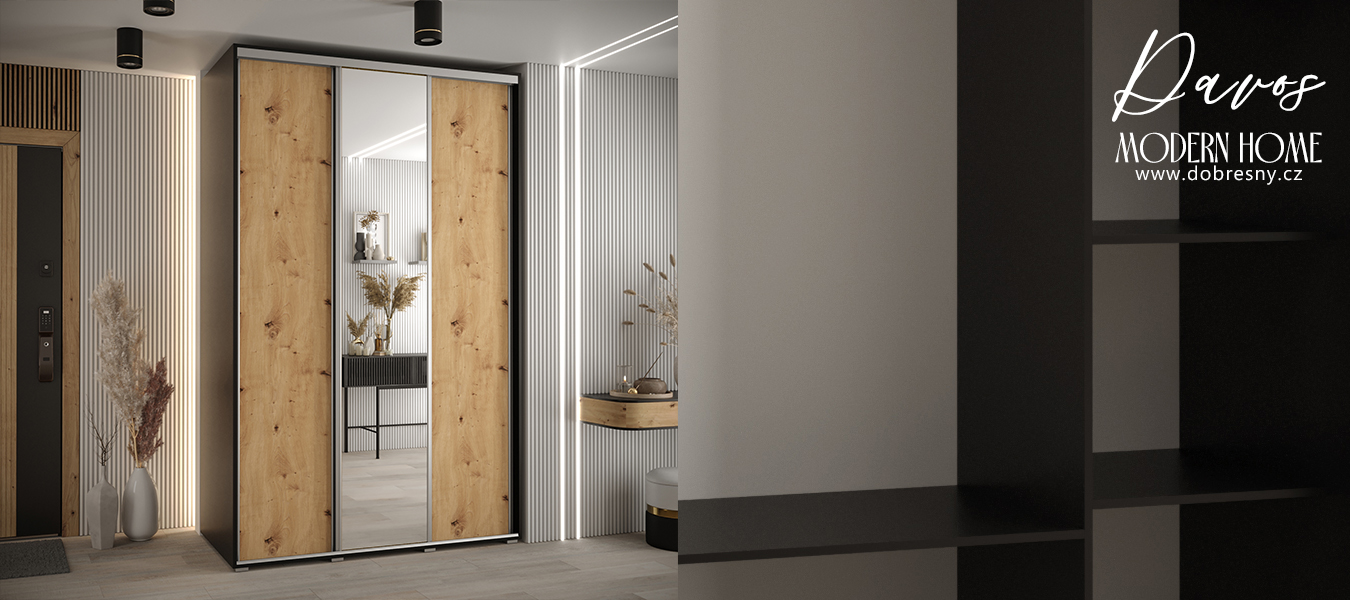 Šatní skříň s posuvnými dveřmi a zrcadlem DAVOS 150cm | Černá / DUB Artisan / stříbrné