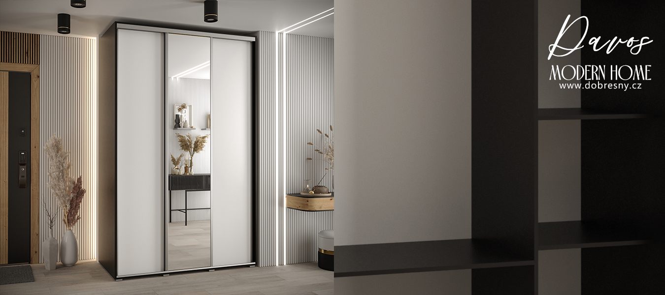 Šatní skříň s posuvnými dveřmi a zrcadlem DAVOS 150cm | Černá / bílá / stříbrné pojezdy