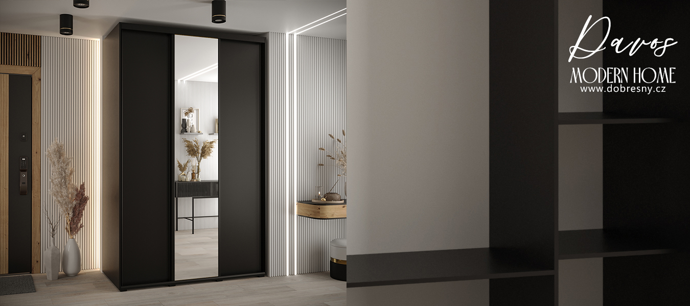 Šatní skříň s posuvnými dveřmi a zrcadlem DAVOS 150cm | Černá / černé pojezdy