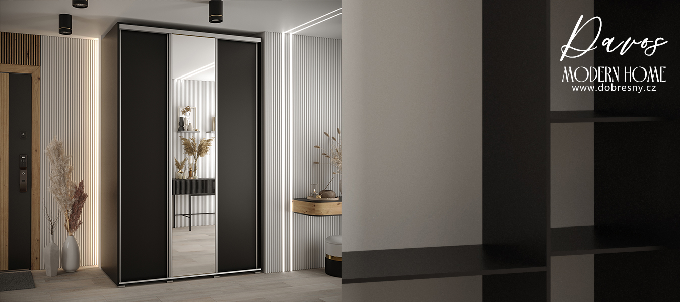 Šatní skříň s posuvnými dveřmi a zrcadlem DAVOS 150cm | Černá / stříbrné pojezdy