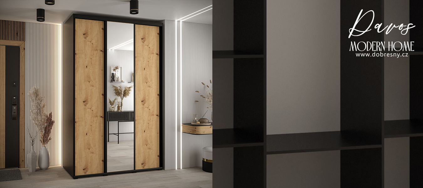 Šatní skříň s posuvnými dveřmi a zrcadlem DAVOS 160cm | Černá / DUB Artisan / černé pojezd