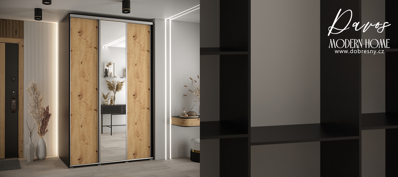 Šatní skříň s posuvnými dveřmi a zrcadlem DAVOS 160cm | Černá / DUB Artisan / stříbrné