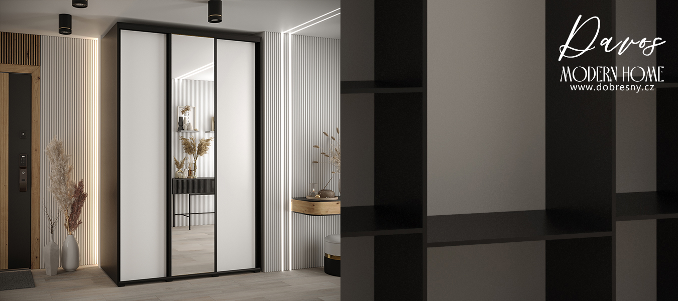 Šatní skříň s posuvnými dveřmi a zrcadlem DAVOS 160cm | Černá / bílá / černé pojezdy