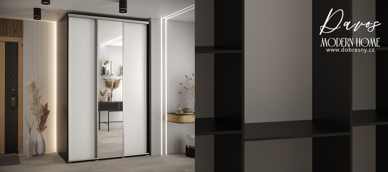 Šatní skříň s posuvnými dveřmi a zrcadlem DAVOS 160cm | Černá / bílá / stříbrné pojezdy