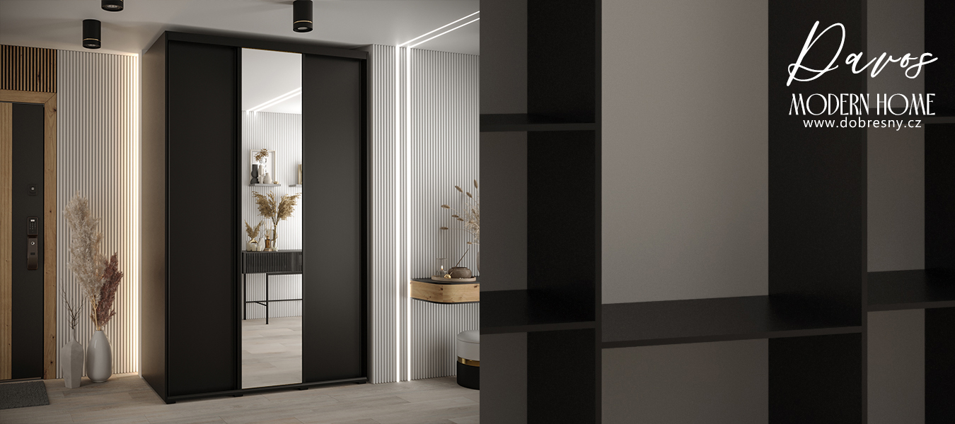 Šatní skříň s posuvnými dveřmi a zrcadlem DAVOS 160cm | Černá / černé pojezdy