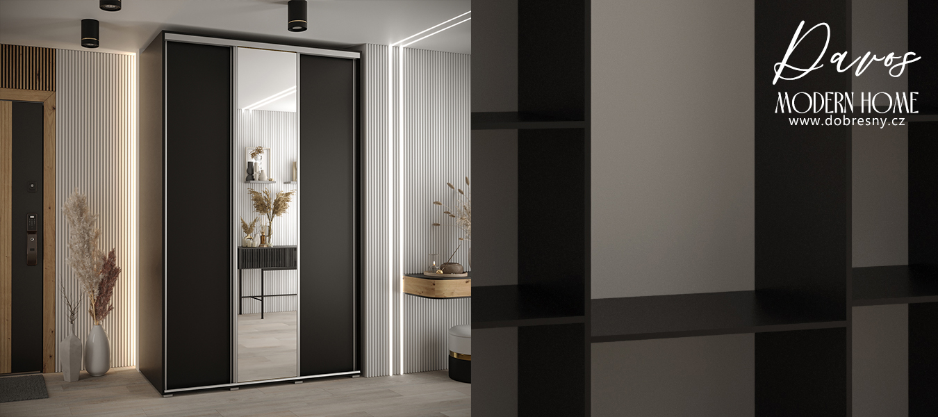 Šatní skříň s posuvnými dveřmi a zrcadlem DAVOS 160cm | Černá / stříbrné pojezdy