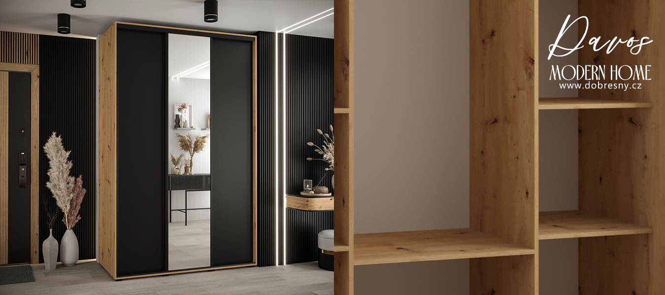 Šatní skříň s posuvnými dveřmi a zrcadlem DAVOS 160cm |DUB Artisan / černá / černé pojezdy