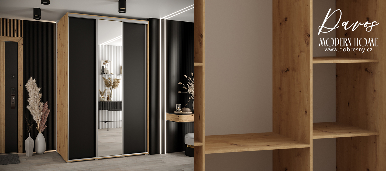 Šatní skříň s posuvnými dveřmi a zrcadlem DAVOS 160cm | DUB Artisan / černá / stříbrné