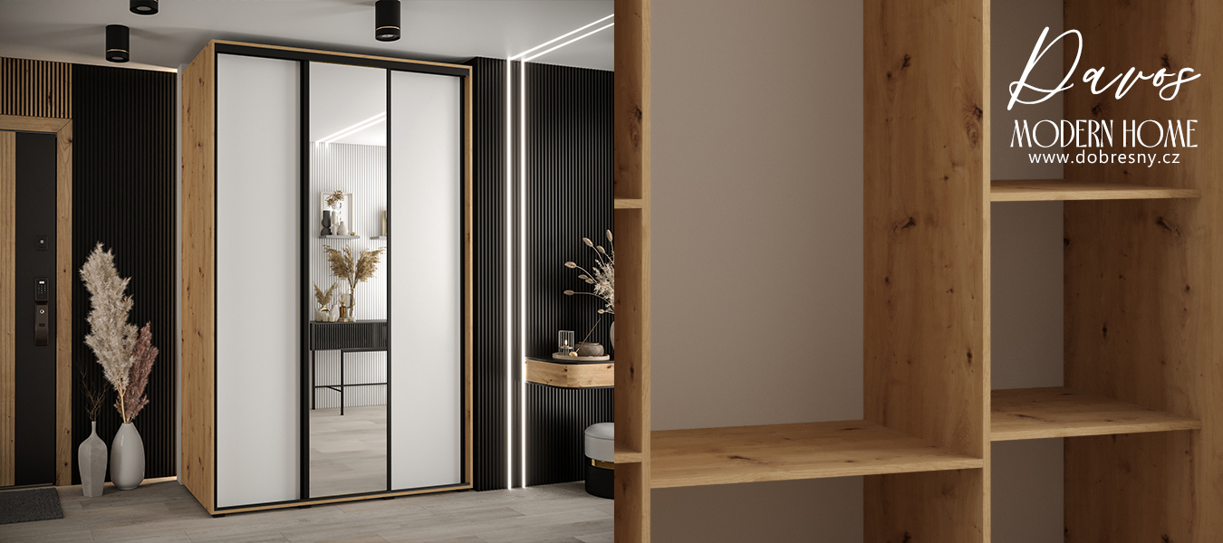 Šatní skříň s posuvnými dveřmi a zrcadlem DAVOS 160cm | DUB Artisan / bílá / černé pojezdy