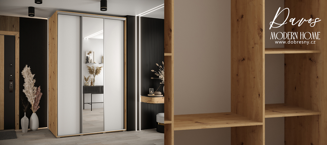 Šatní skříň s posuvnými dveřmi a zrcadlem DAVOS 160cm | DUB Artisan / bílá / stříbrné