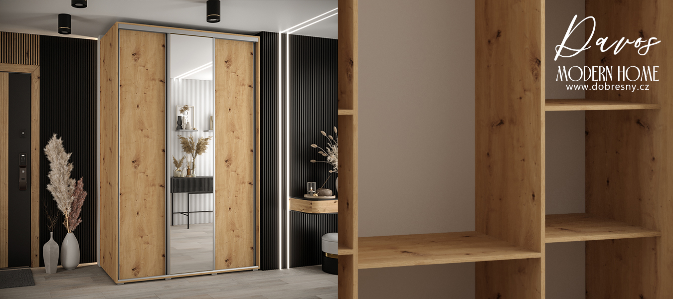 Šatní skříň s posuvnými dveřmi a zrcadlem DAVOS 160cm | DUB Artisan / stříbrné pojezdy