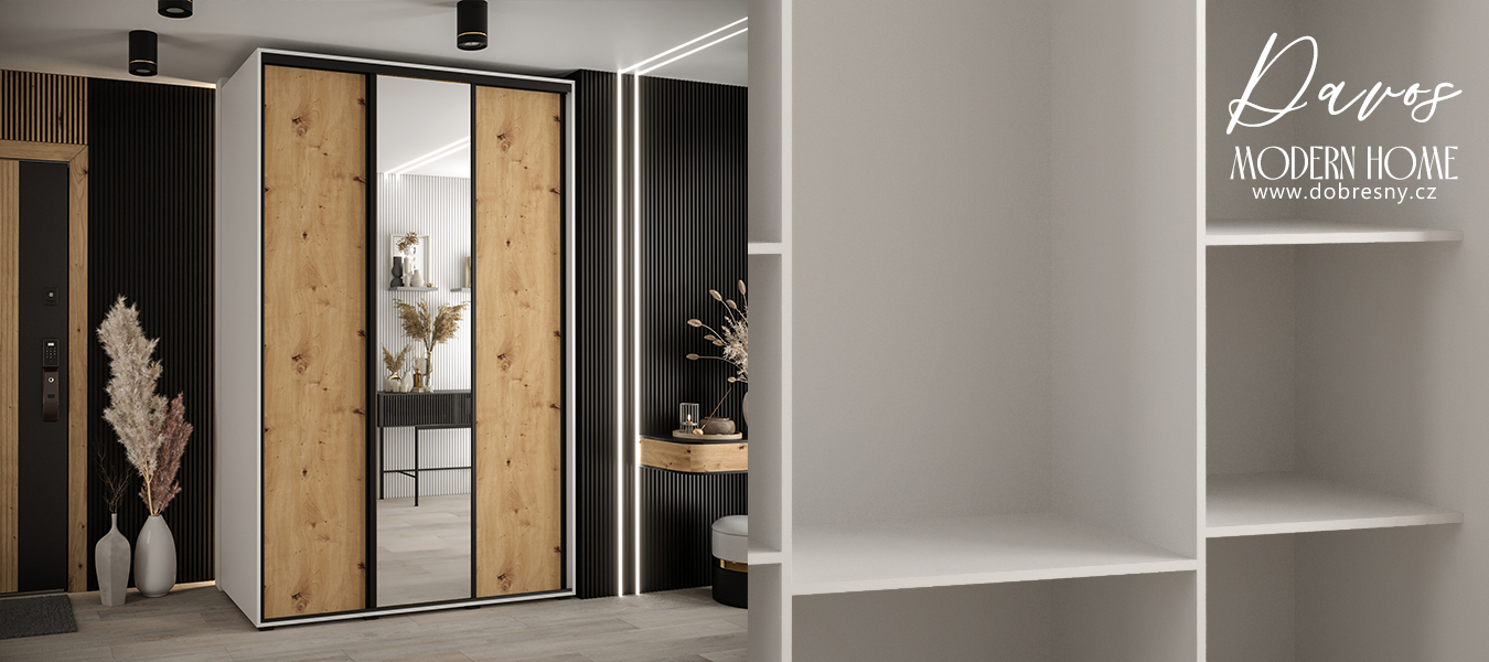 Šatní skříň s posuvnými dveřmi a zrcadlem DAVOS 160cm | Bílá / DUB Artisan / černé pojezdy