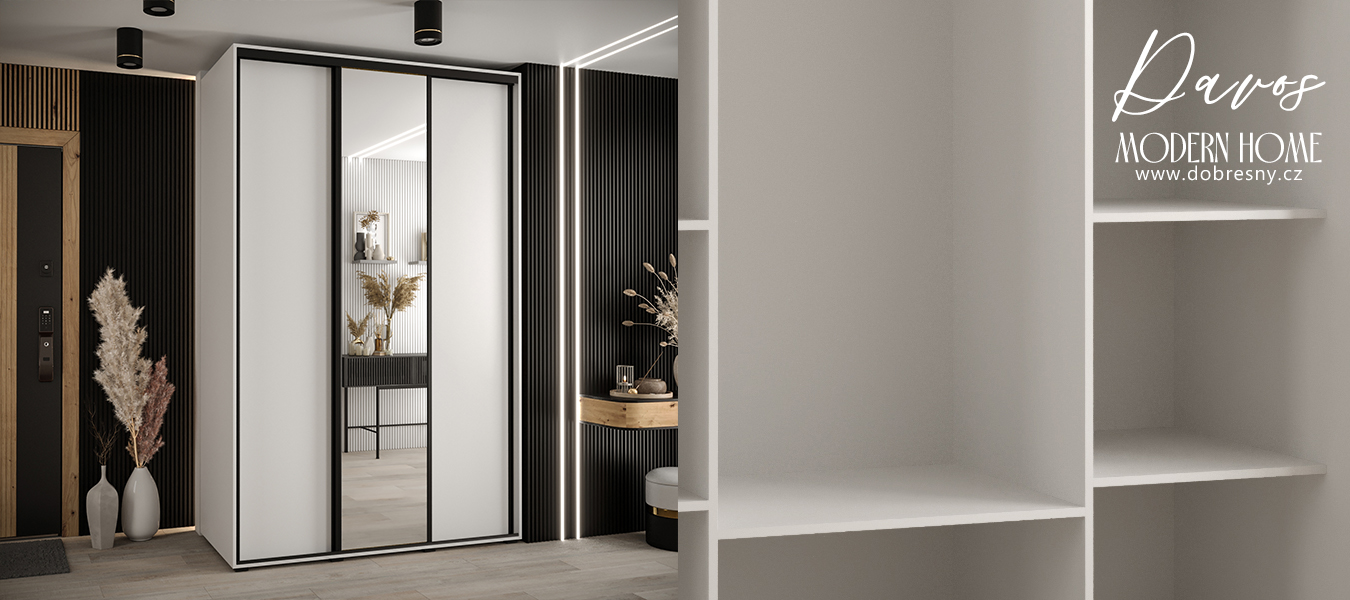 Šatní skříň s posuvnými dveřmi a zrcadlem DAVOS 160 cm | Bílá / černé pojezdy