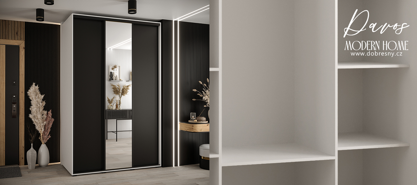 Šatní skříň s posuvnými dveřmi a zrcadlem DAVOS 160cm | Bílá / černá / černé pojezdy