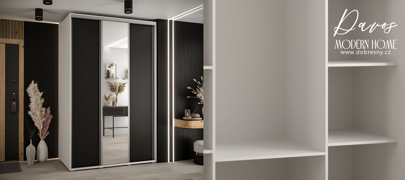Šatní skříň s posuvnými dveřmi a zrcadlem DAVOS 160cm | Bílá / černá / stříbrné pojezdy
