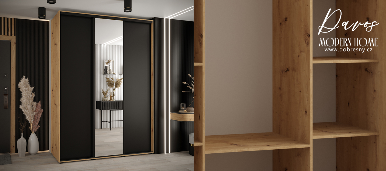 Šatní skříň s posuvnými dveřmi a zrcadlem DAVOS 170cm |DUB Artisan / černá / černé pojezdy
