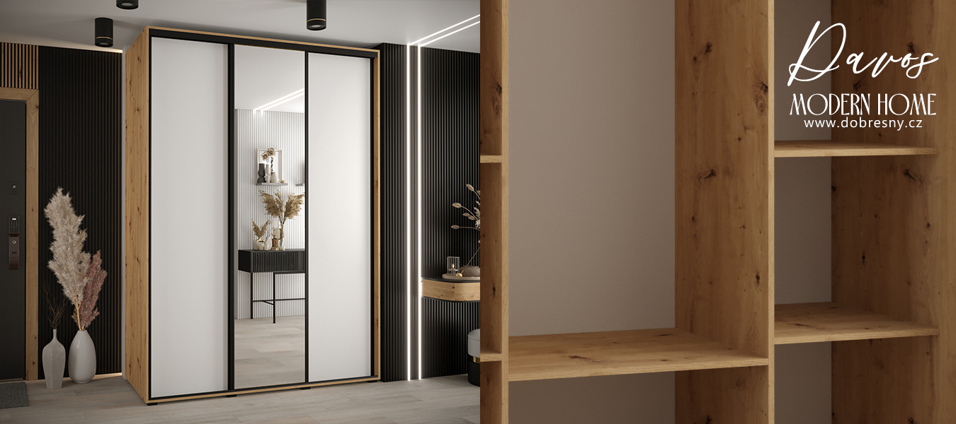 Šatní skříň s posuvnými dveřmi a zrcadlem DAVOS 170cm | DUB Artisan / bílá / černé pojezdy