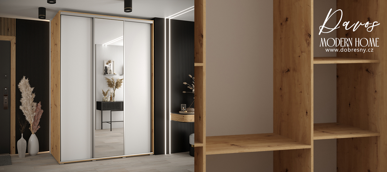 Šatní skříň s posuvnými dveřmi a zrcadlem DAVOS 170cm | DUB Artisan / bílá / stříbrné
