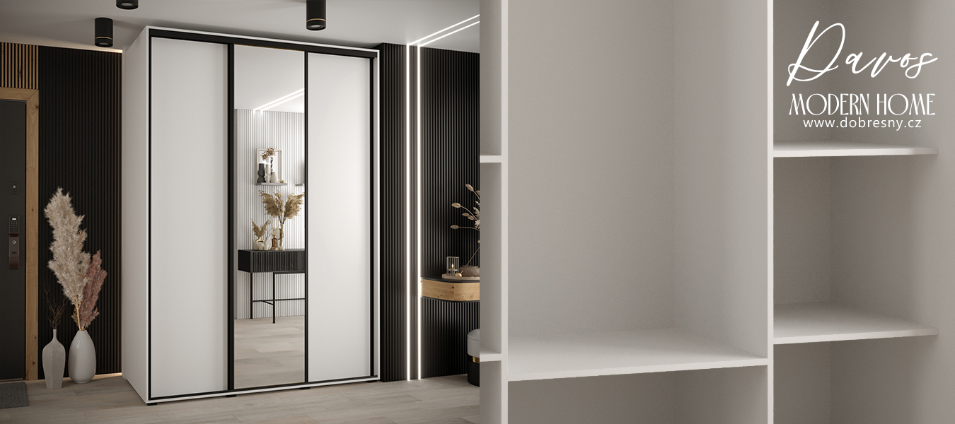 Šatní skříň s posuvnými dveřmi a zrcadlem DAVOS 170 cm | Bílá / černé pojezdy